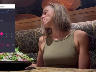 'Cumming rock hard in public restaurant with chubby remote managed vibrator'