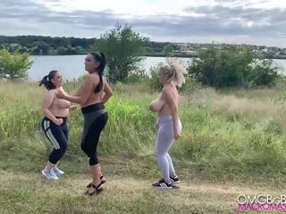 Helen Erin and Mia bra-less huge-titted jogging